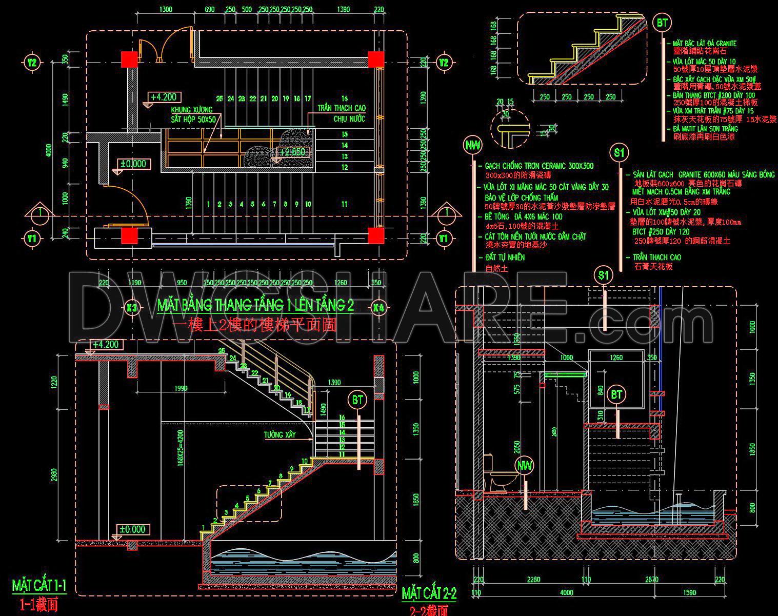 466. Architectural Staircase Detail AutoCAD Drawing – Multi-Level Stair Plans and Elevations (1)