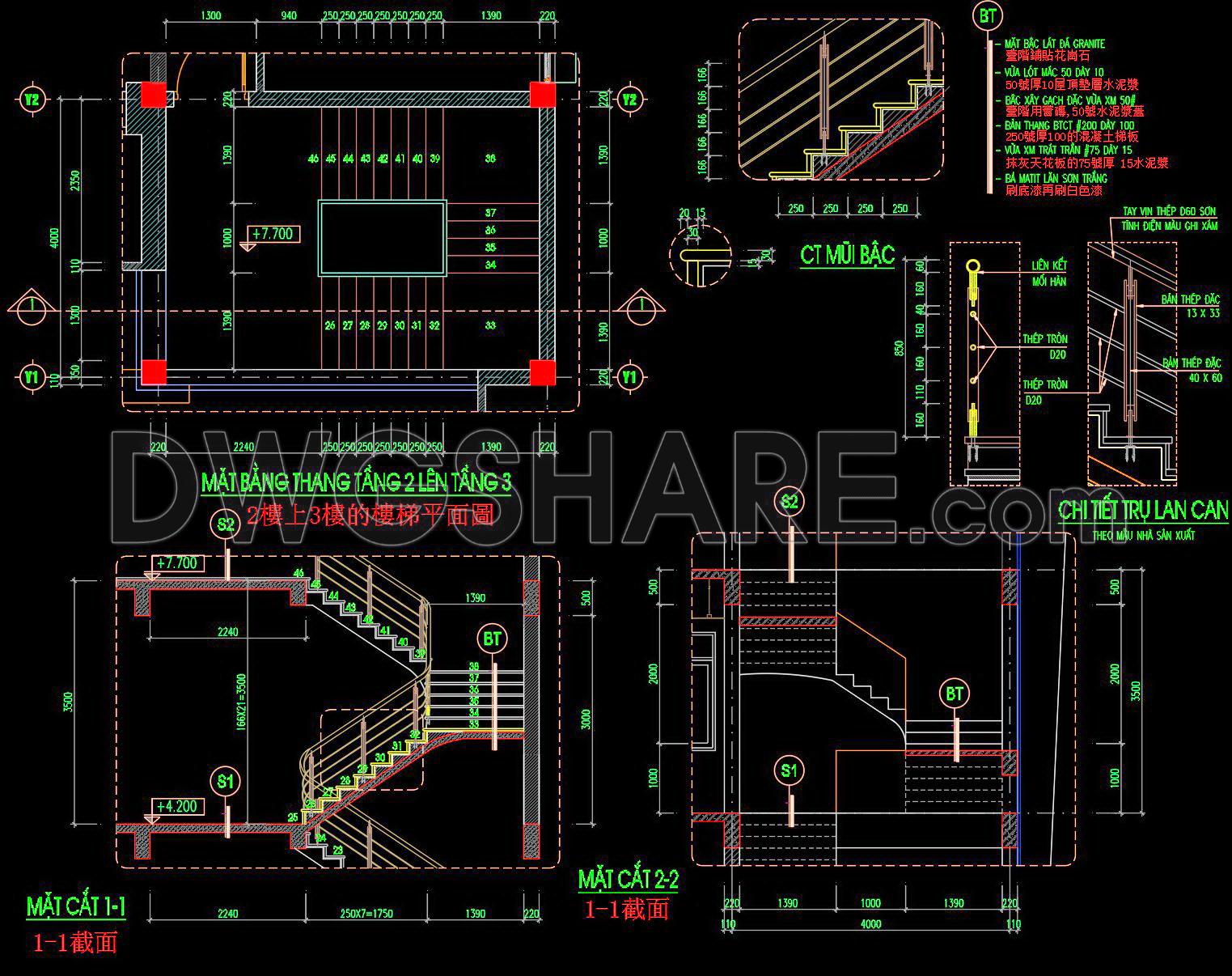 466. Architectural Staircase Detail AutoCAD Drawing – Multi-Level Stair Plans and Elevations (2)