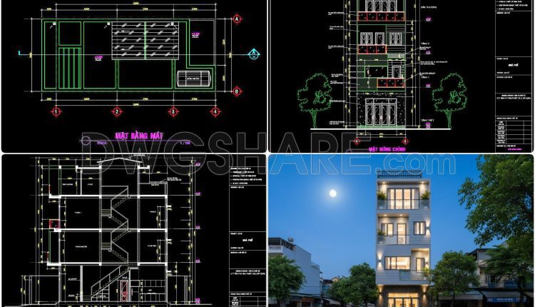494. Download CAD Design Drawings for a 4-Story House with Dimensions 5m x 16m (1)