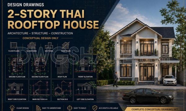 3 months ago
                

                
             586808. 2-Story House CAD Design with Thai Roof – Floor Plans, Elevations & Sections