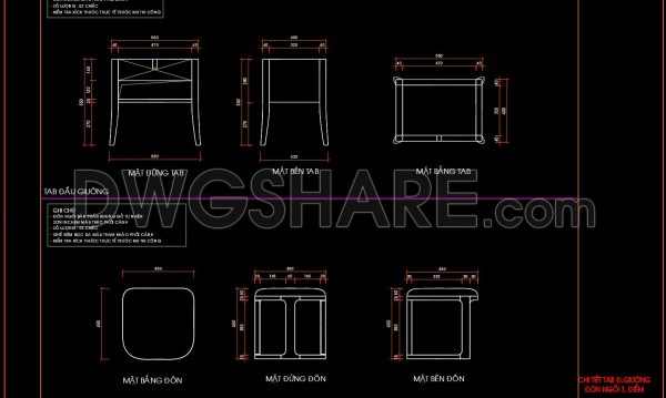 168. Dressing Table, Nightstand and Stool CAD Drawing for Bedroom