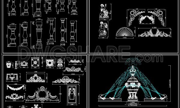 178. Free CAD Drawings of Classical Fountain and Decorative Ornament Details – Full Set