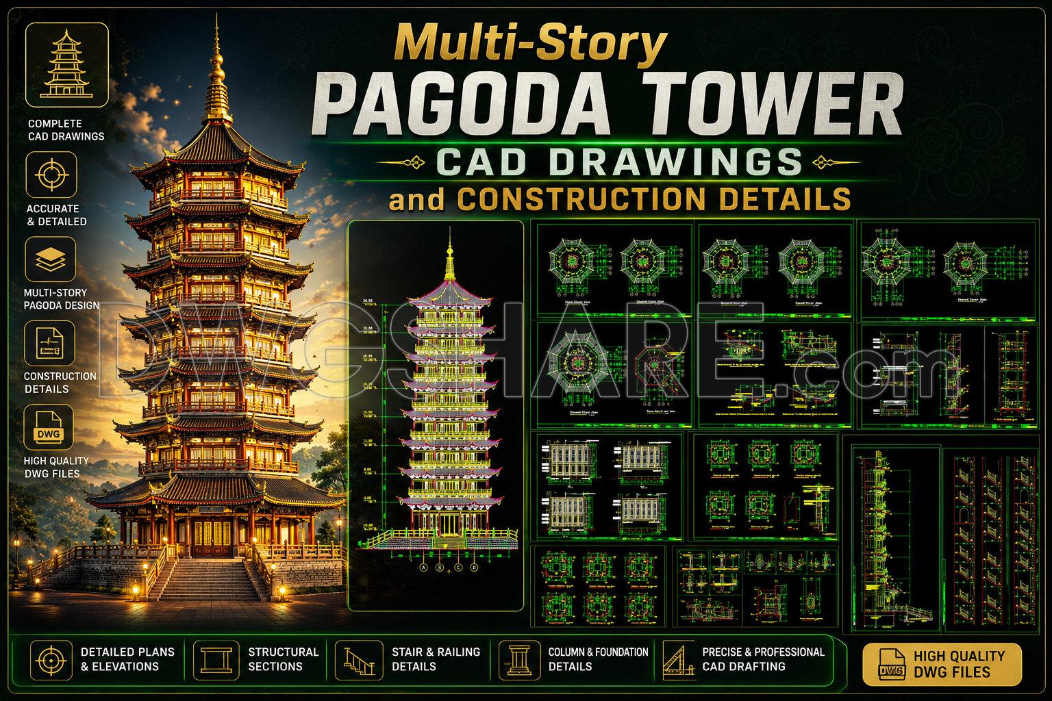 29. Multi-story Pagoda Tower Cad Drawings And Construction Details