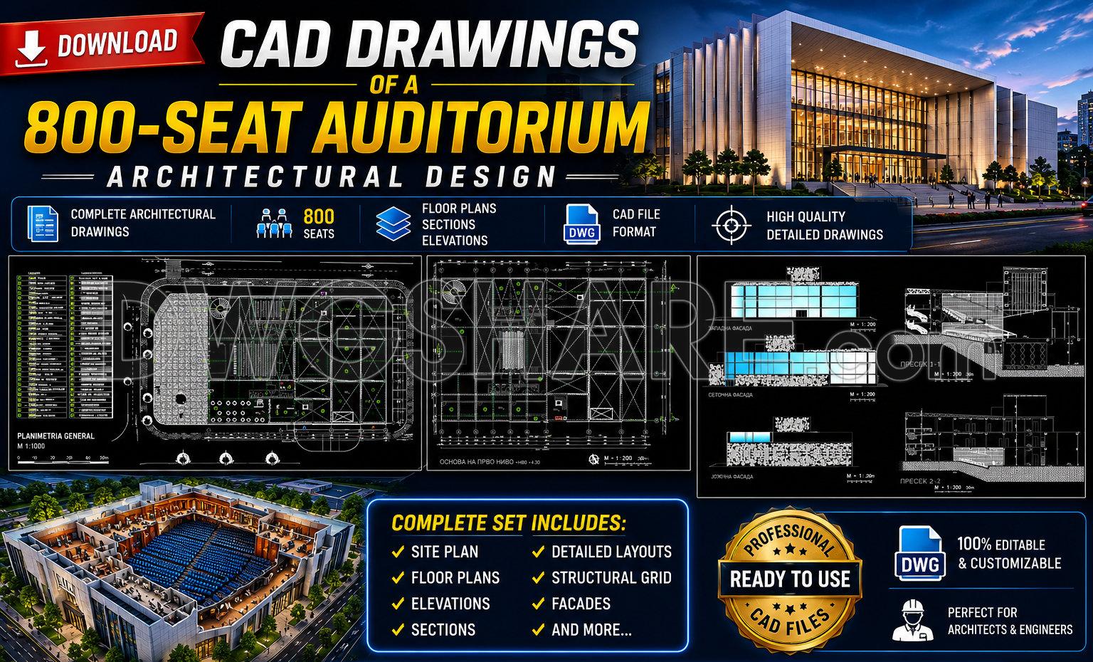 30. Download CAD Drawings of a 800-Seat Auditorium Architectural Design (1)