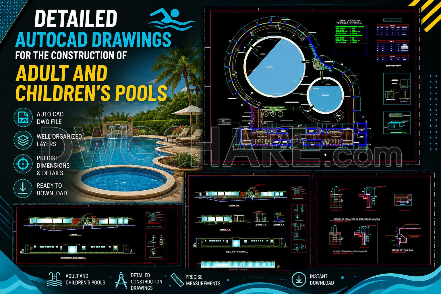 41. Detailed AutoCAD drawings for the construction of adult and children's pools (1)
