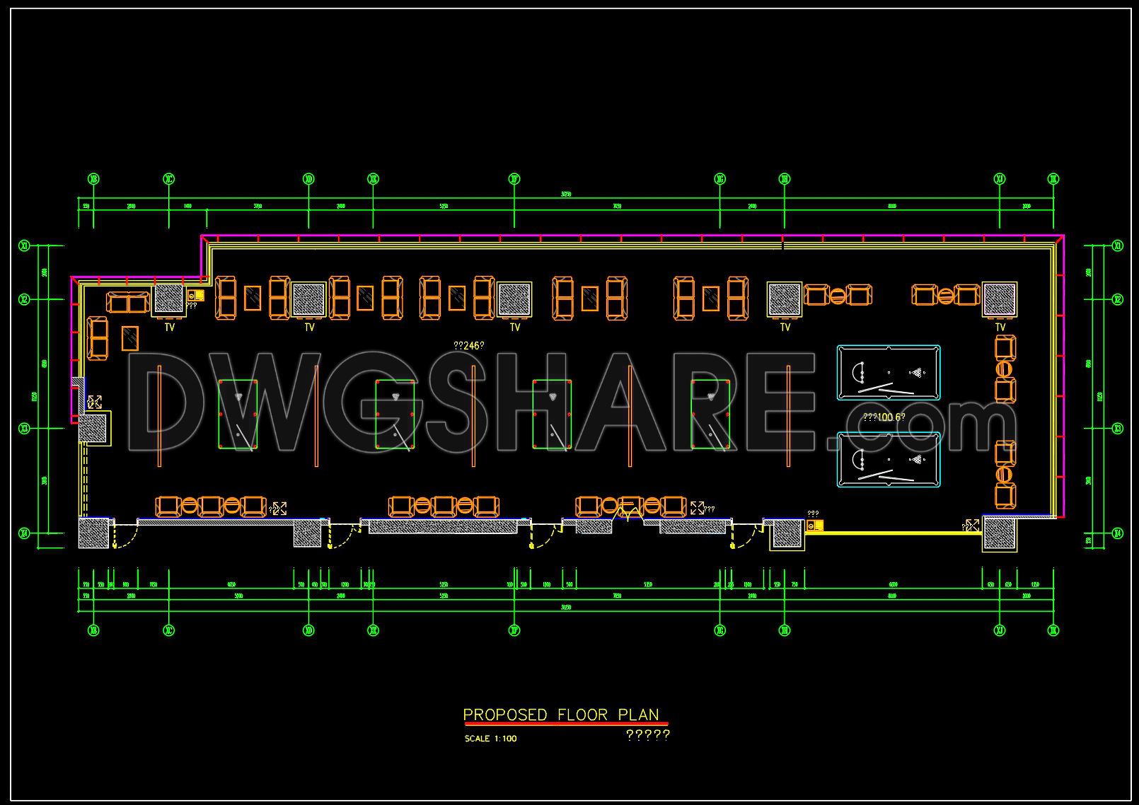 42. Free Download of CAD Floor Plan Design for a 390m2 Billiards Club (1)