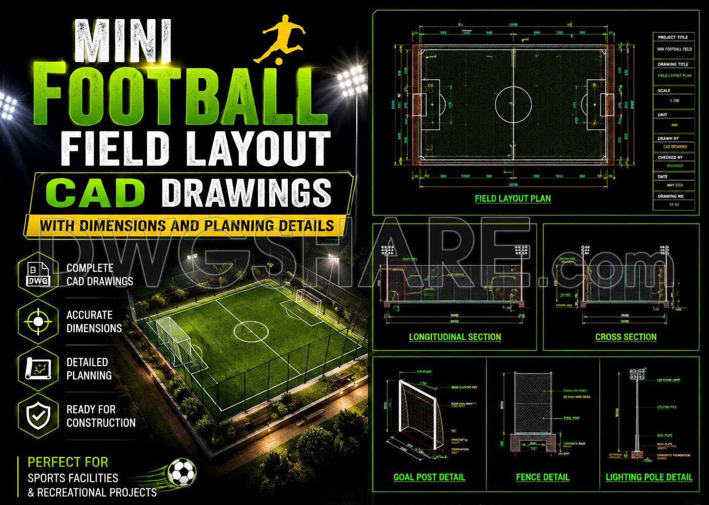 43. Mini Football Field Layout Cad Drawings With Dimensions And Planning Details