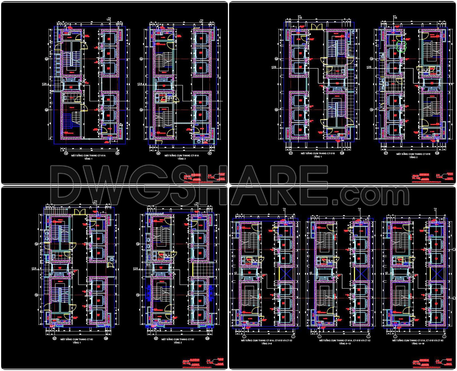 441. Free DWG Apartment Core Plans – Staircase & Elevator Layouts, Sections Included (1)