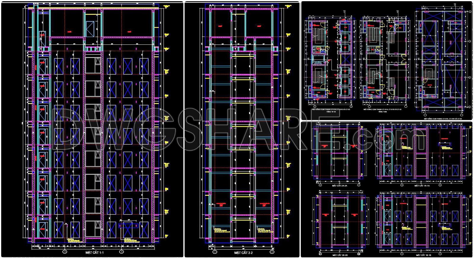 441. Free DWG Apartment Core Plans – Staircase & Elevator Layouts, Sections Included (2)