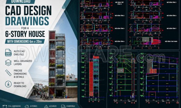 497. Download CAD Design Drawings for a 6-Story House with Dimensions 6m x 20m