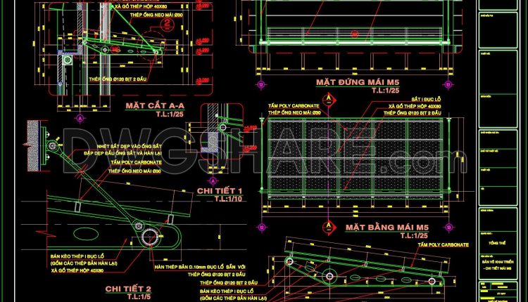 598. Polycarbonate Canopy Roof CAD Drawings – Steel Frame Structure and Construction Details (1)