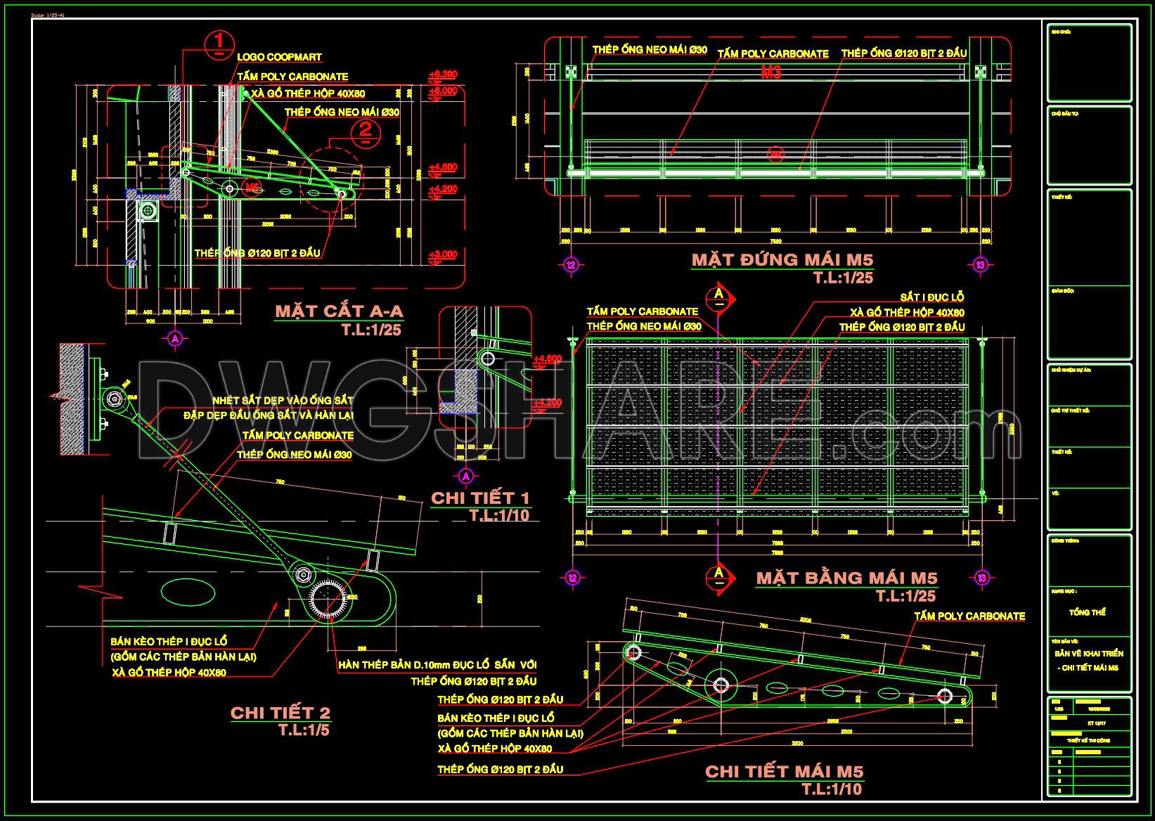 598. Polycarbonate Canopy Roof CAD Drawings – Steel Frame Structure and Construction Details (1)
