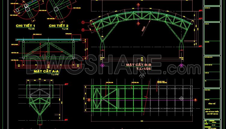 599. Download Curved Steel Roof Truss CAD Drawings – Structural Frame and Connection Details (1)