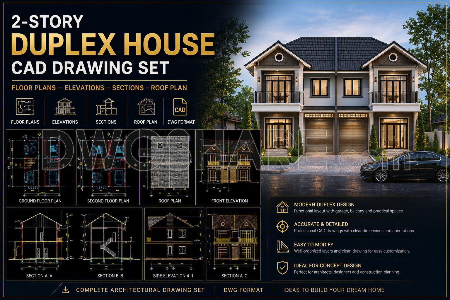 809. Download CAD Drawings of a 2-Story Duplex House Design (1)