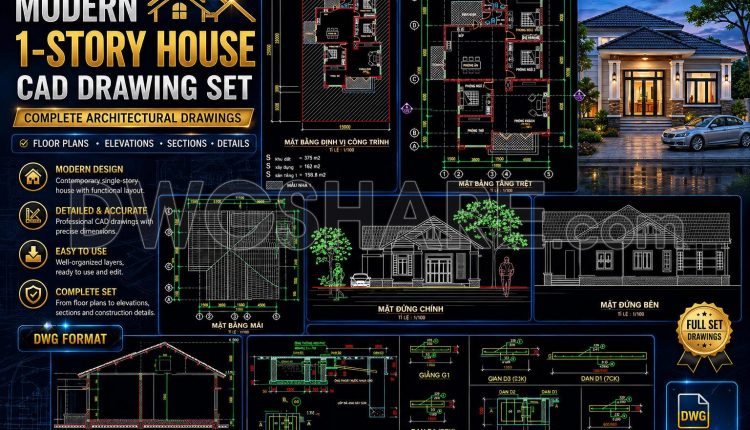 812. Download CAD Drawings of a Modern Single-Story House with 3 Bedrooms (3)