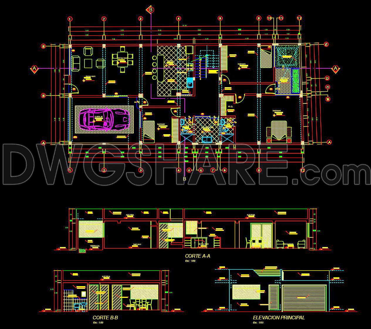 824. Download free 1-story villa CAD drawing featuring 3 bedrooms and an island kitchen (1)