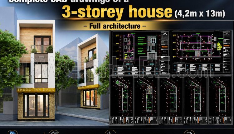 912. Download Complete Cad Drawings Of A 3-storey House (4,2m X 13m) – Full Architecture