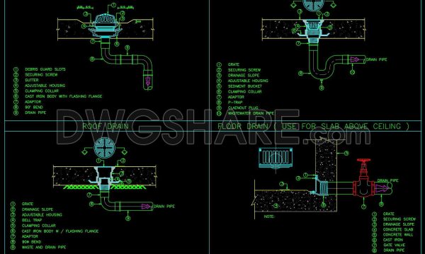 111. Roof Drain, Floor Drain and Water Tank Scupper Drain Details CAD Drawing DWG