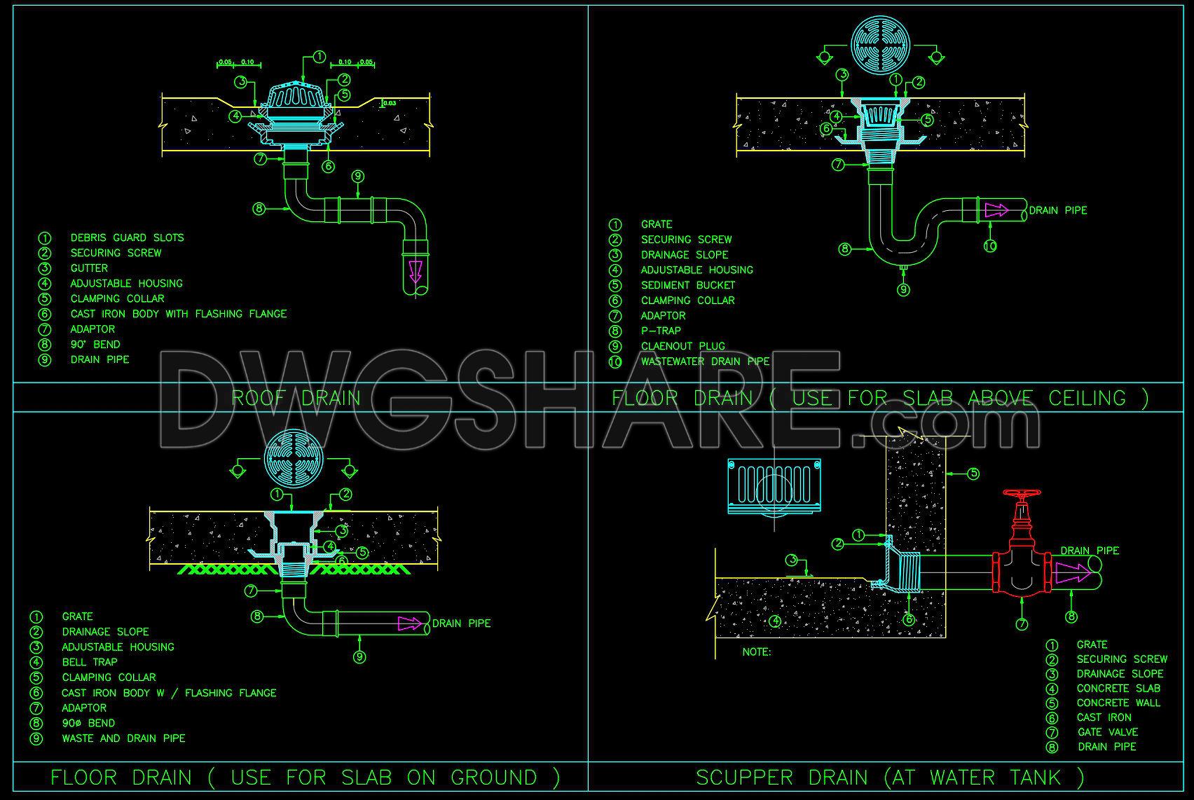 111. Roof Drain, Floor Drain And Water Tank Scupper Drain Details Cad Drawing Dwg