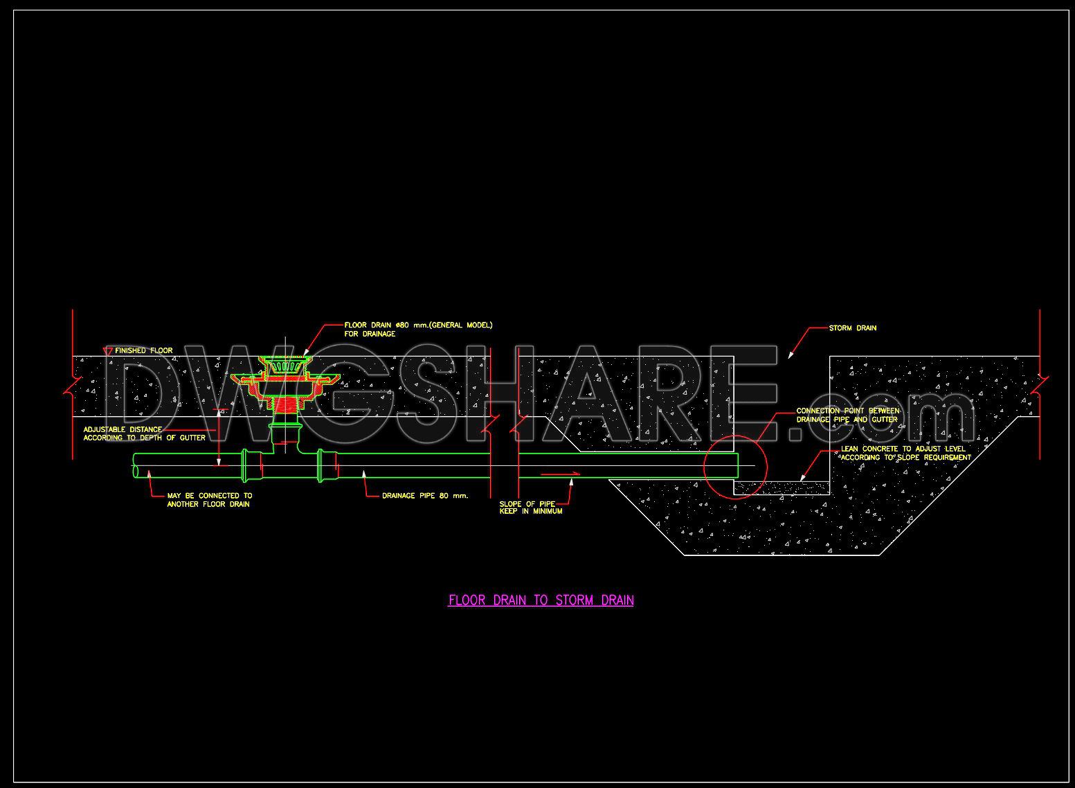 112. Floor Drain To Storm Drain Connection Detail Cad Drawing Dwg