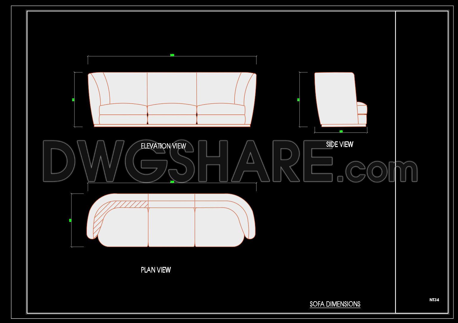 120. 3-Seater Sofa CAD Drawing with Dimensions (1)