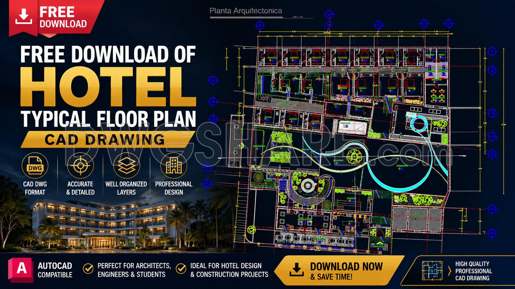151. Free Download Of Hotel Typical Floor Plan Cad Drawing (2)