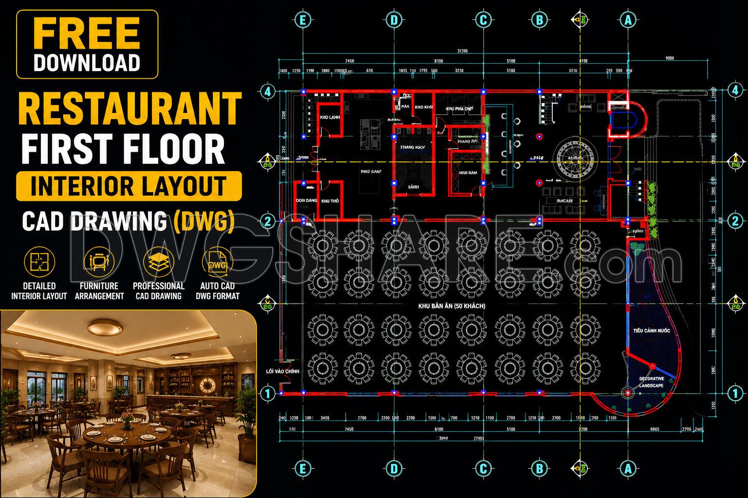 152. Download Restaurant First Floor Interior Layout Cad Drawing (dwg) (1)