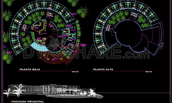 1 month ago
                

                
             306173. Hotel Resort Circular Floor Plan and Main Elevation CAD Drawings