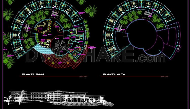 173.-hotel-resort-circular-floor-plan-and-main-elevation-cad-drawings
