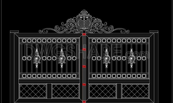 276. Luxury Double Swing Iron Gate CAD Drawing with Decorative Floral Crest