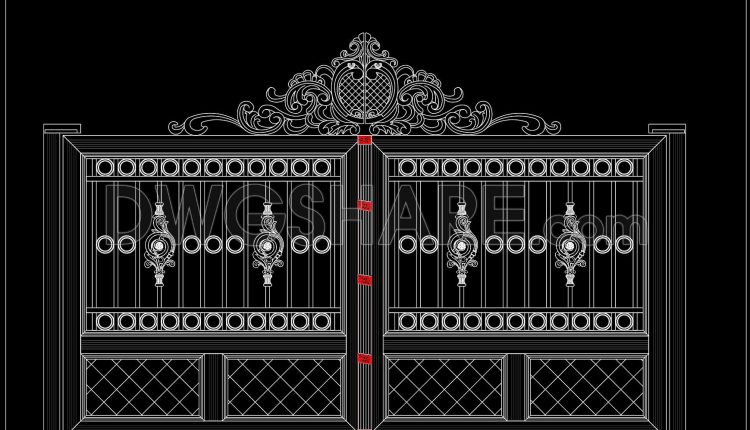 276.-luxury-double-swing-iron-gate-cad-drawing-with-decorative-floral-crest