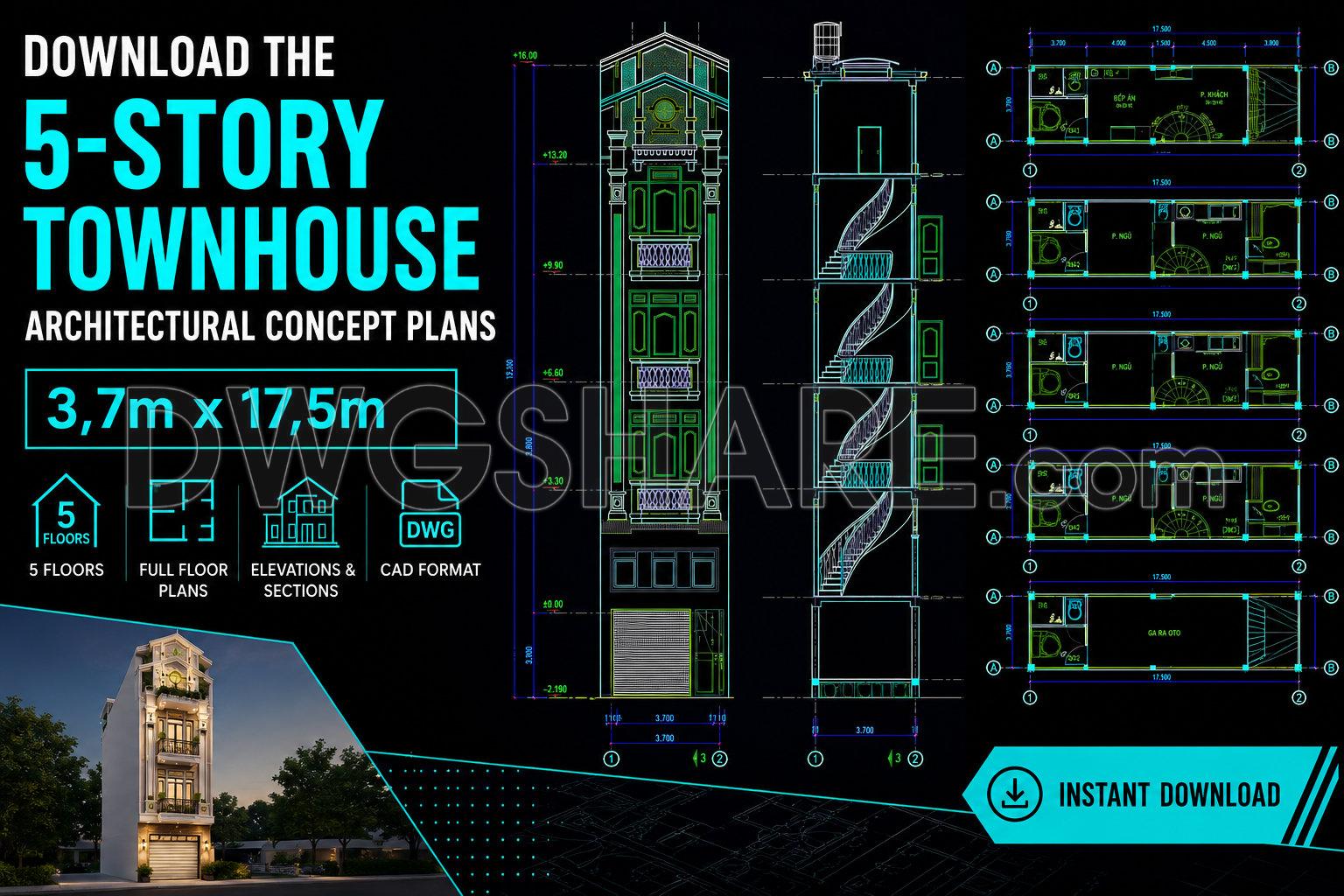 501. Download the 5-story townhouse architectural concept plans (3,7m x 17,5m) (1)