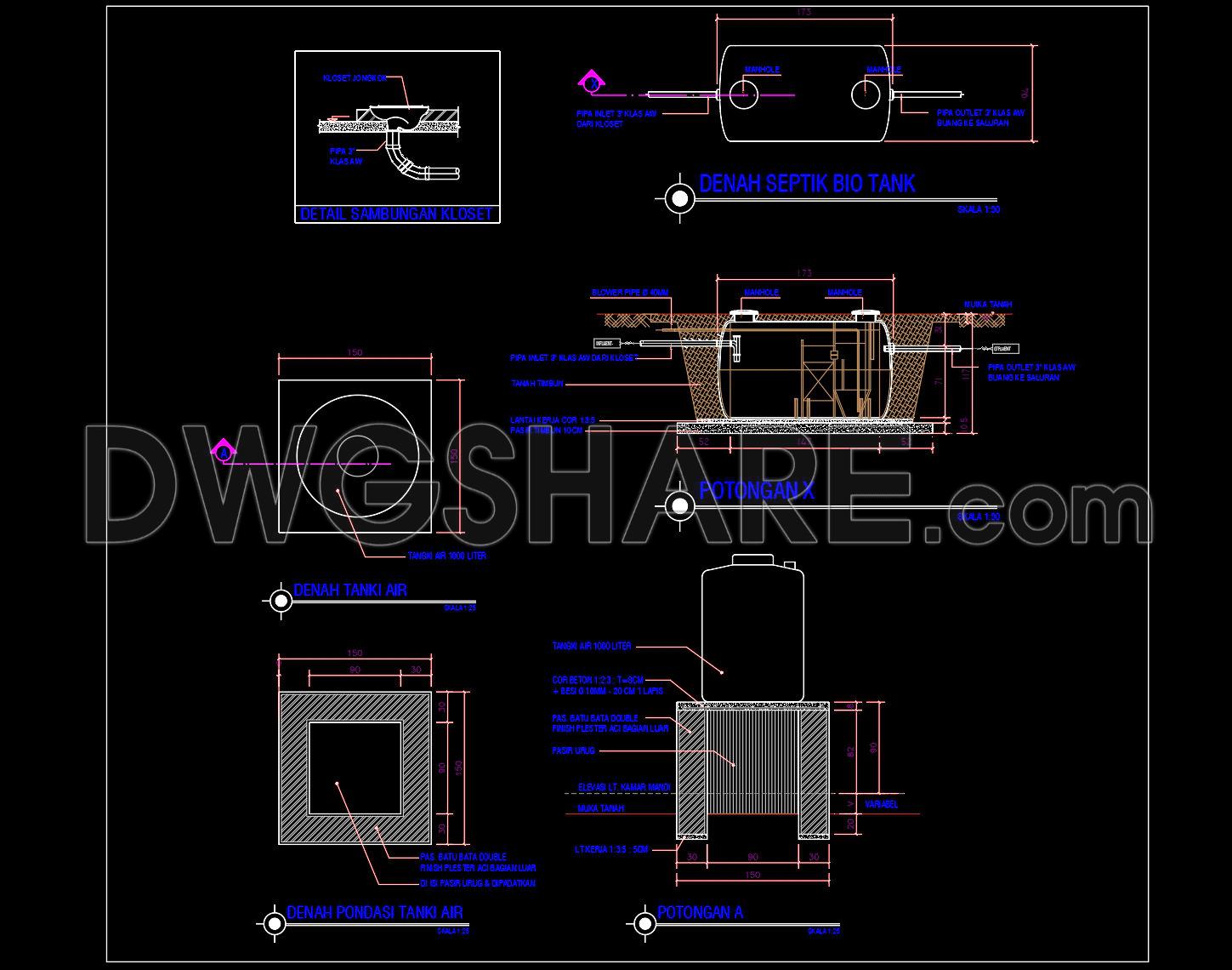 722. Septic Bio Tank Section Details CAD Drawing DWG Download (1)