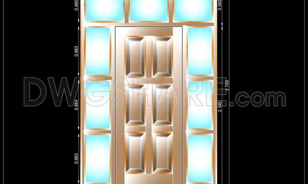 873. Wooden Entrance Door with Glazed Sidelights and Transom CAD Drawing DWG