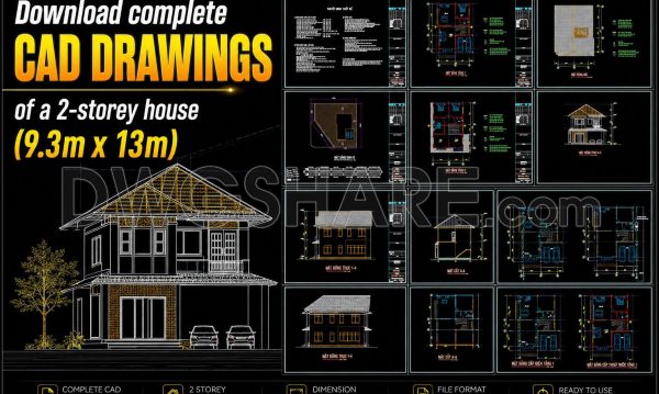 902. Download complete CAD drawings of a 2-storey house (9.3m x 13m) – Full architecture, structure & MEP