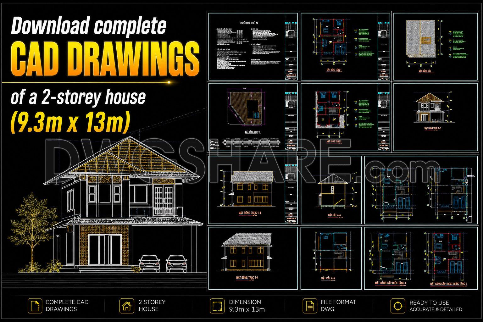 902. Download Complete Cad Drawings Of A 2-storey House (9.3m X 13m) – Full Architecture, Structure & Mep (1)