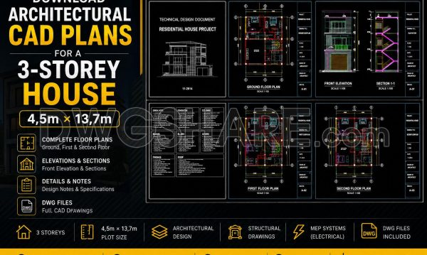 1 month ago
                

                
             224903. Download Architectural CAD Plans for a 3-Storey House (4,5m × 13,7m)