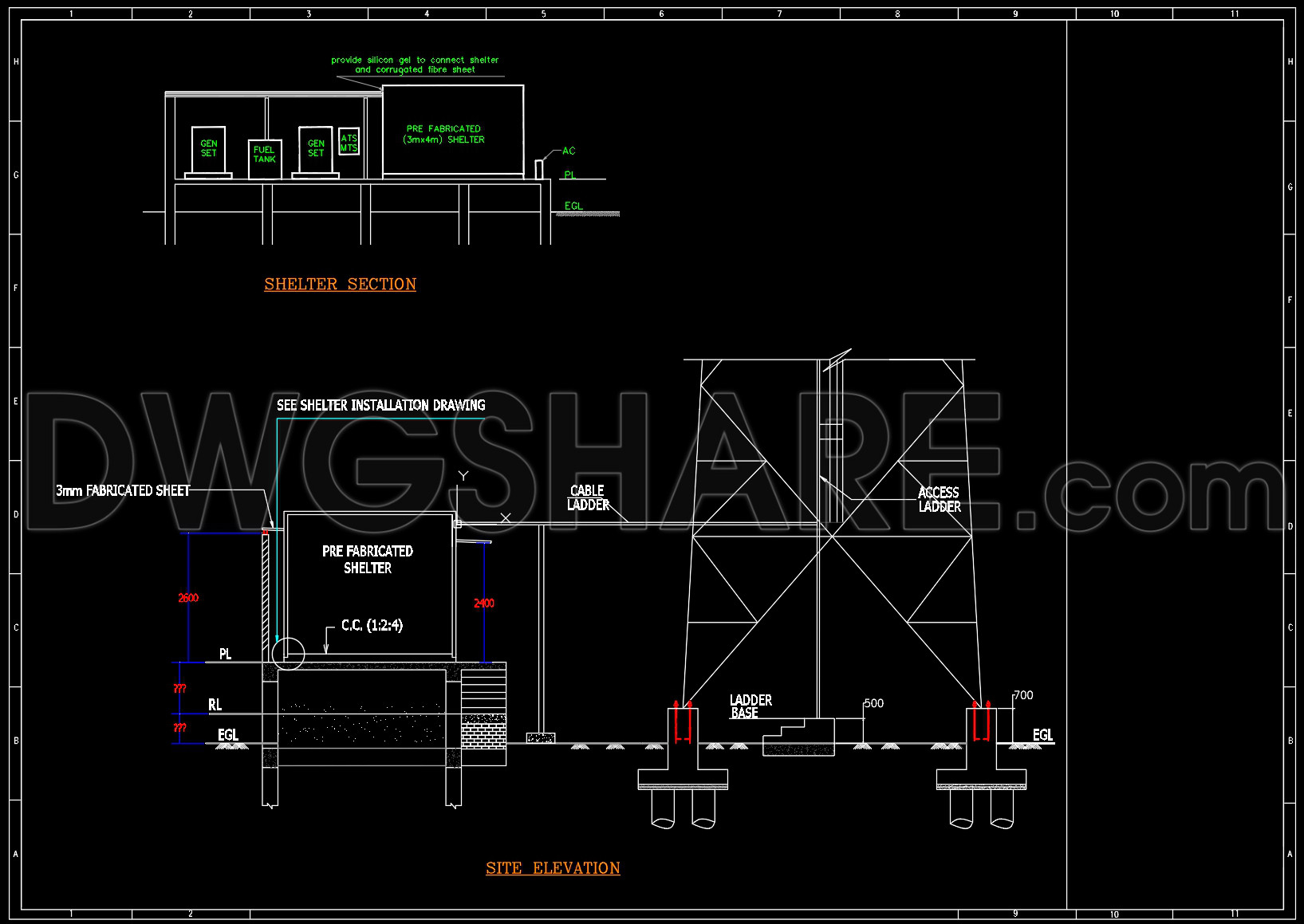 756. Telecom Tower Shelter Section & Site Elevation CAD Drawing DWG (1)