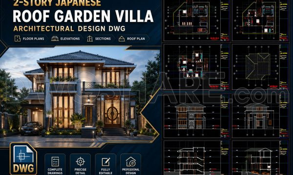 828. 2-story Japanese Roof Garden Villa Architectural Design Dwg