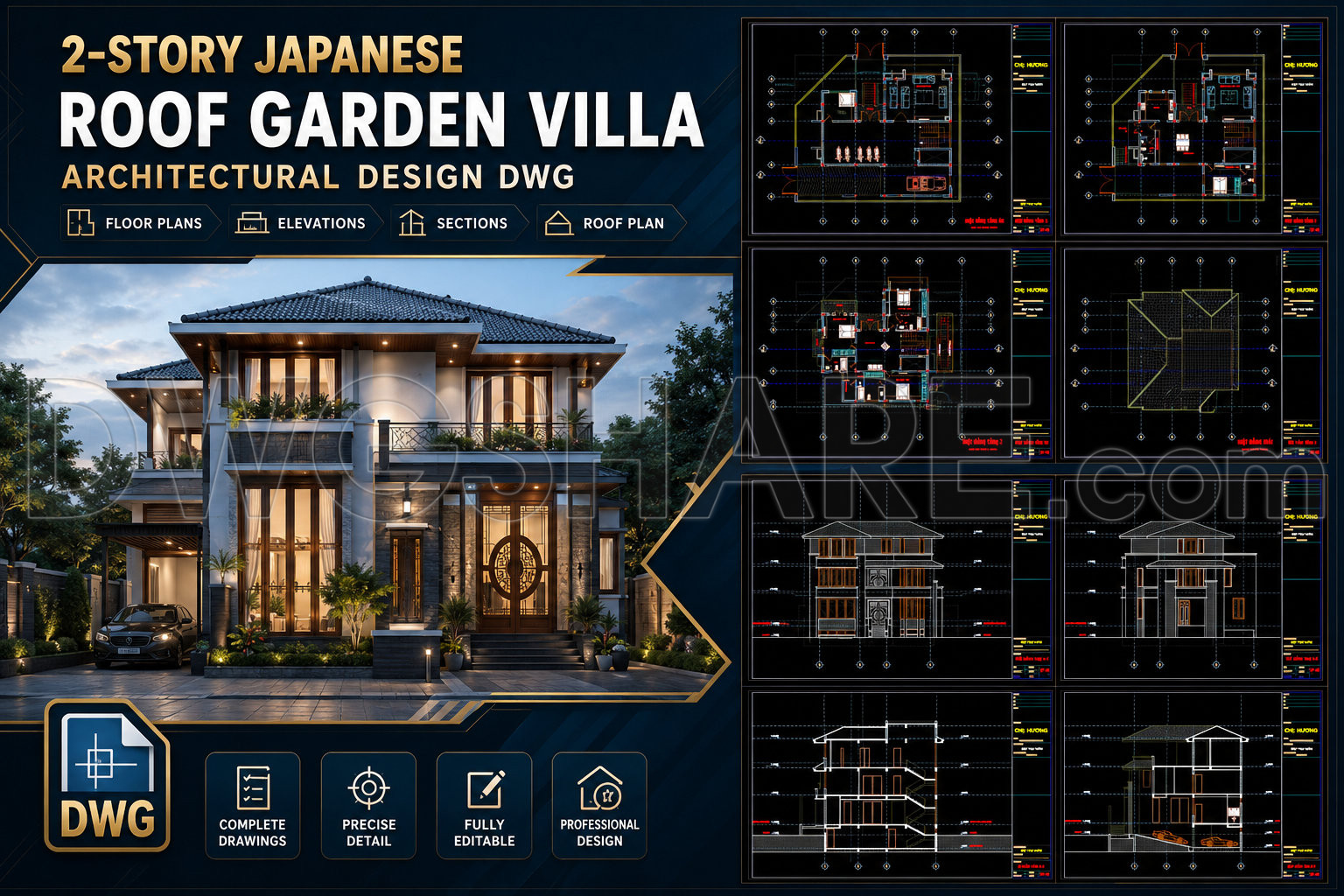 828. 2-Story Japanese Roof Garden Villa Architectural Design DWG