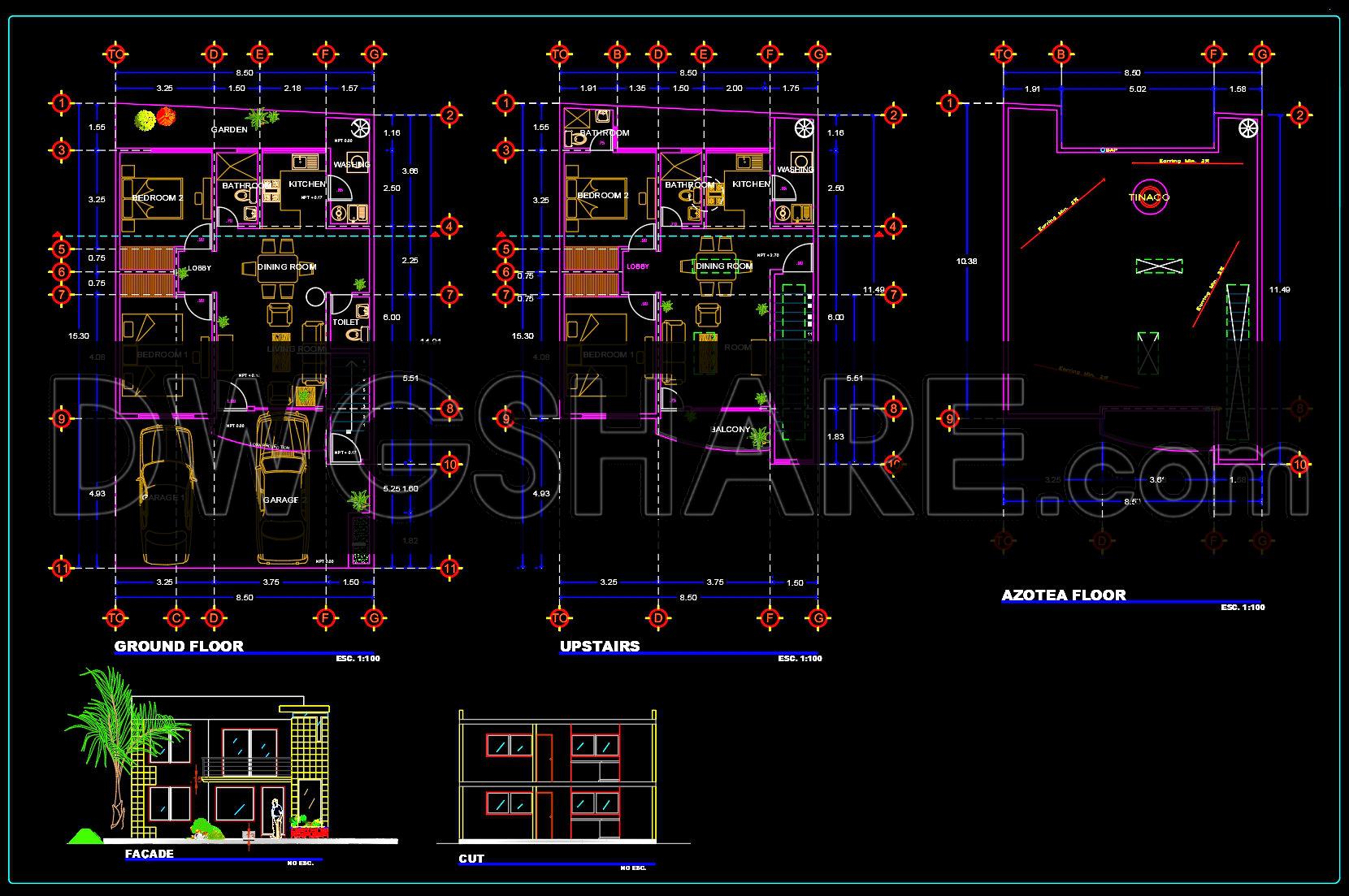 855. Architectural CAD Drawings of a Two-Storey Residential House Design (1)