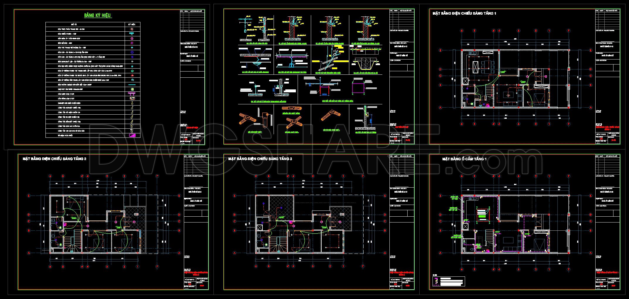 255. 3-Story House Electrical Plans – Lighting, Power Outlets & Information System CAD Drawings (1)