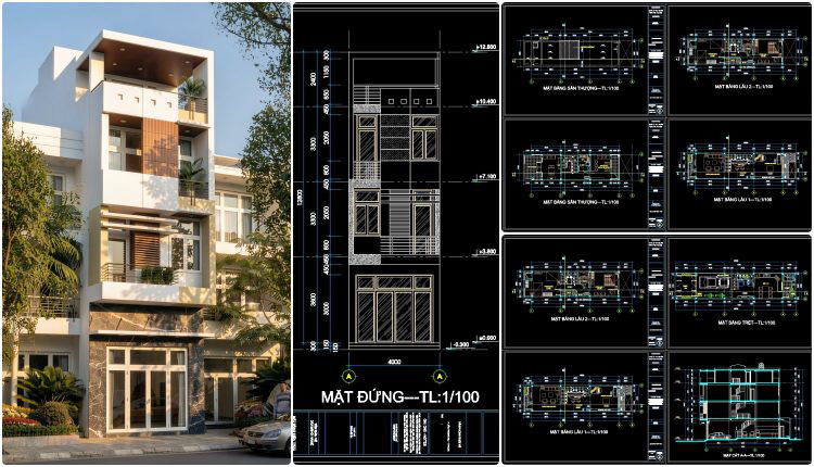 514. 3-Story Townhouse 4m x 15.5m Floor Plan & Elevation CAD Drawing DWG (1)