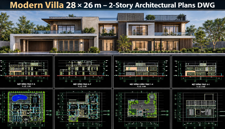 545. Modern Villa 28 × 26 m – 2-Story Architectural Plans DWG (1)
