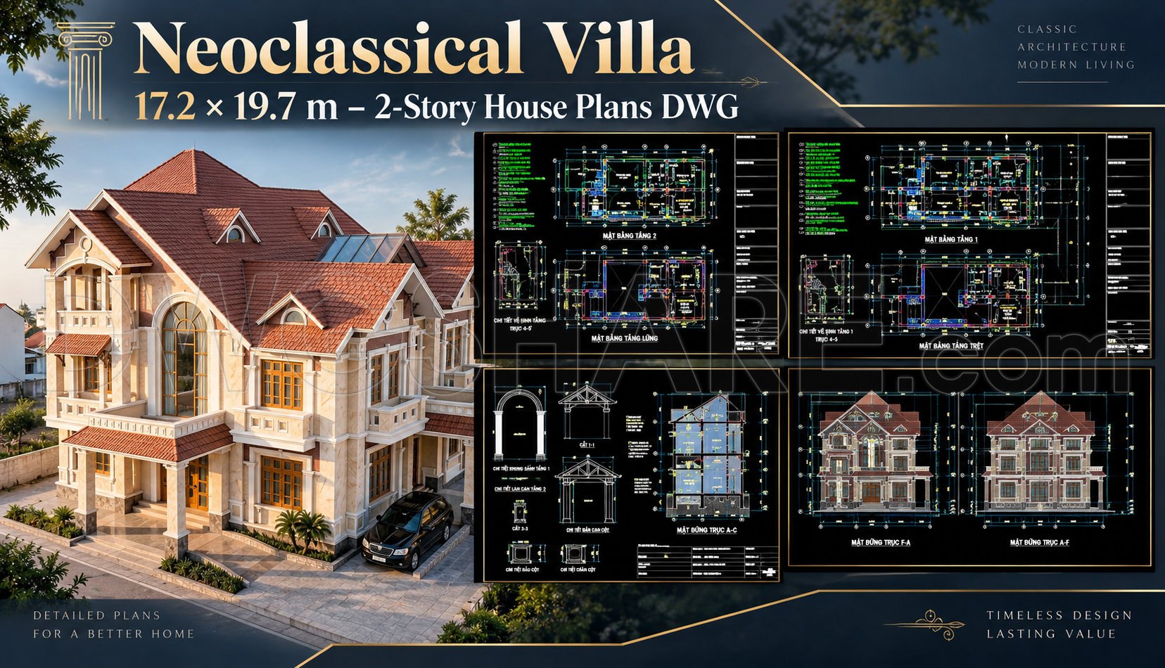 563. Neoclassical Villa 17.2 × 19.7 m – 2-Story House Plans DWG