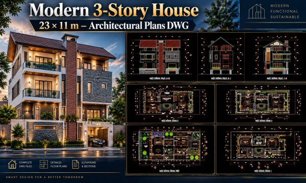 565. Modern 3-Story House 23 × 11 m – Architectural Plans DWG