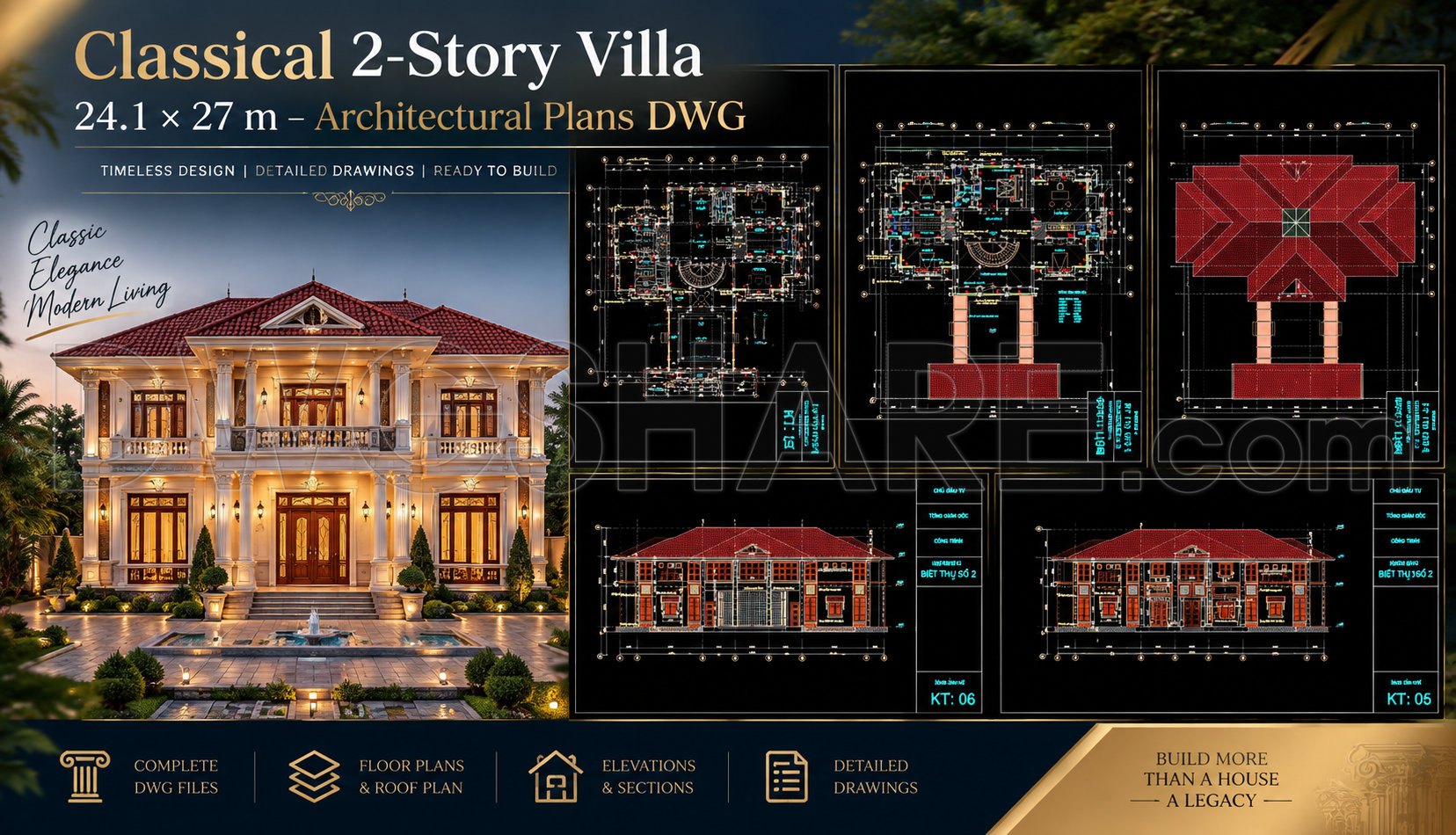 569. Classical 2-Story Villa 24.1 × 27 m – Architectural Plans DWG