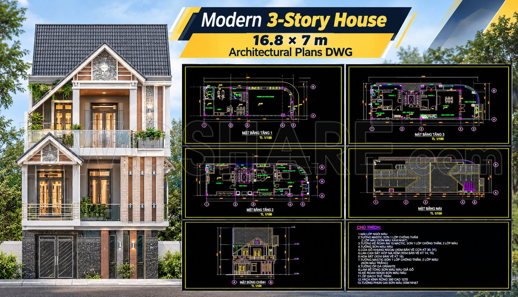 573. Modern 3-Story House 16.8 × 7 m – Architectural Plans DWG