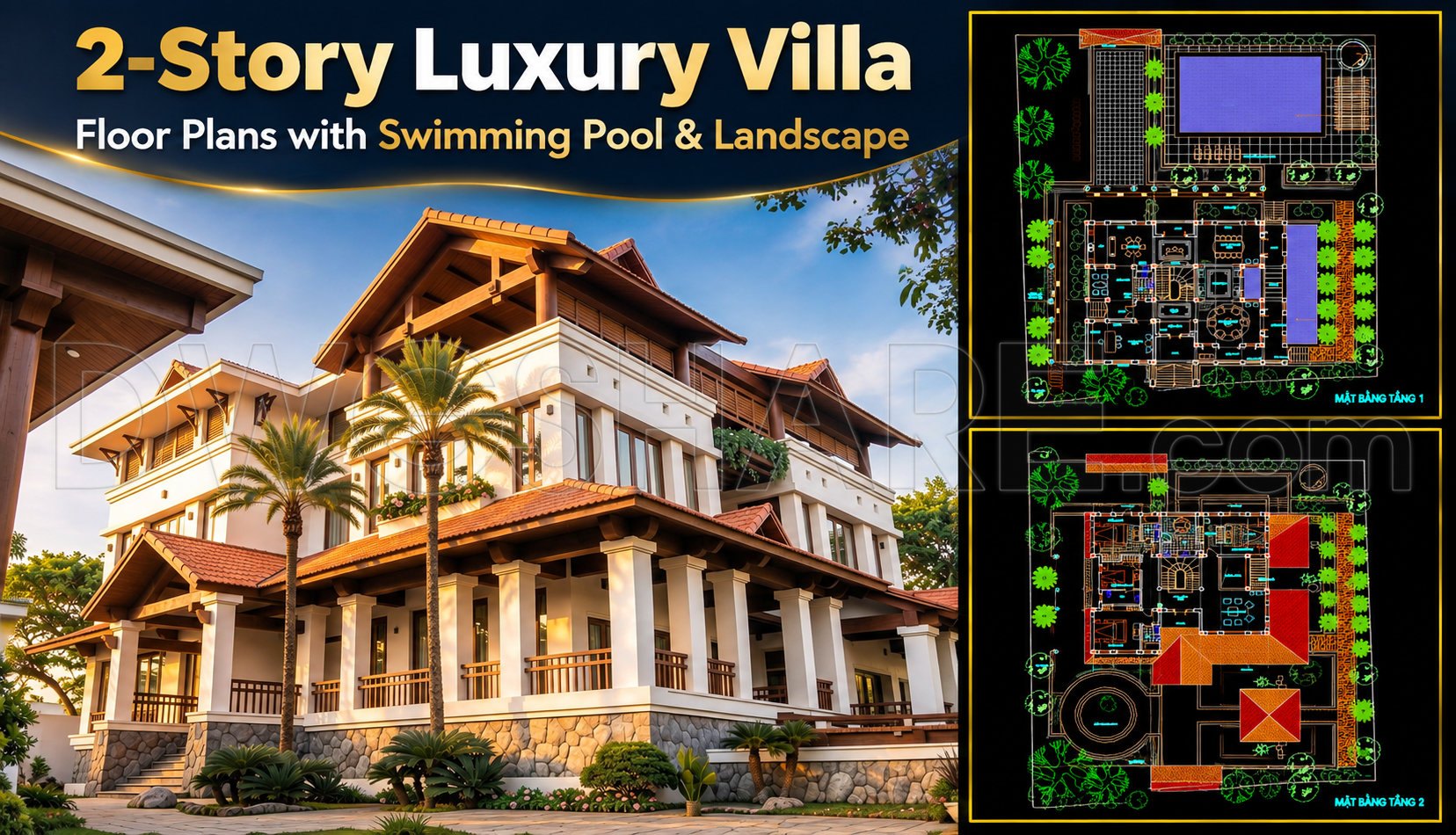 581. 2-Story Luxury Villa Floor Plans with Swimming Pool & Landscape (1)