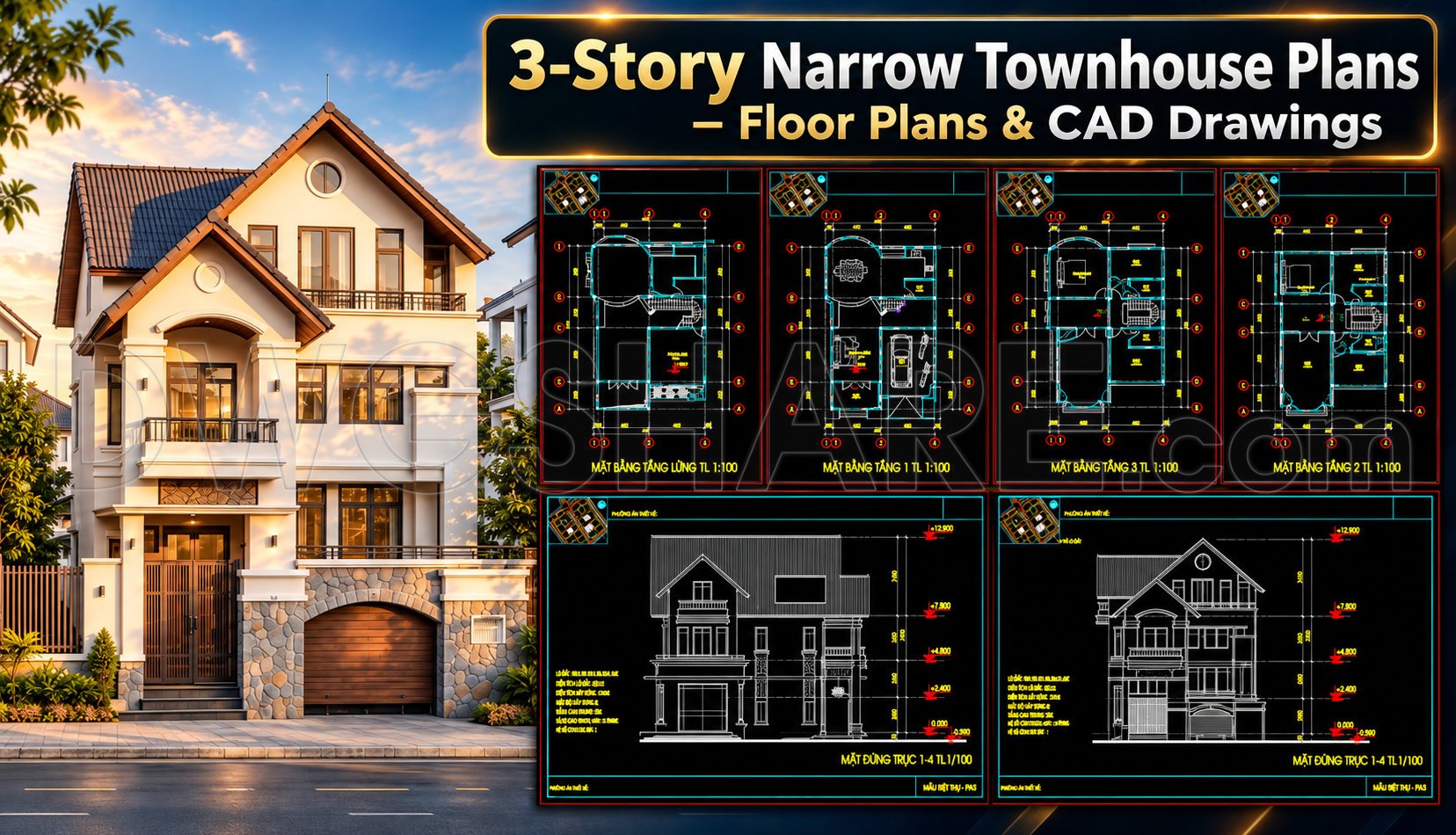 582. 3-Story Narrow Townhouse Plans – Floor Plans & CAD Drawings